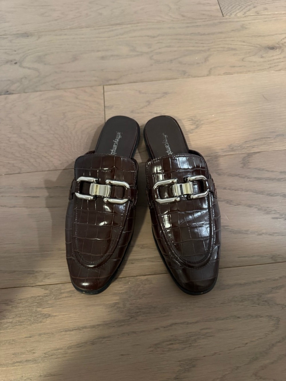 Jeffrey Campbell Croc-Embossed Loafer Mules in Dark Brown with Silver Bit